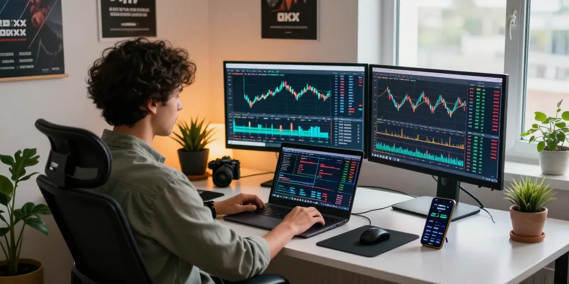 OKX reviews showcased in a modern trading workspace highlighting performance charts and figures.