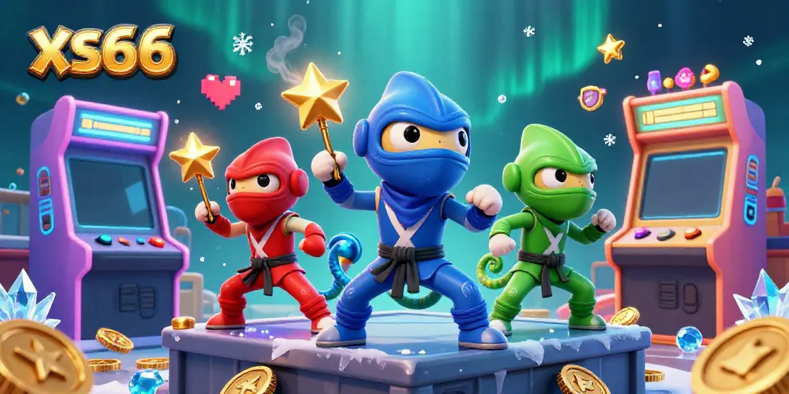 Experience exciting gameplay with xs66 featuring ninja chameleons, glowing arcades, and casino elements.