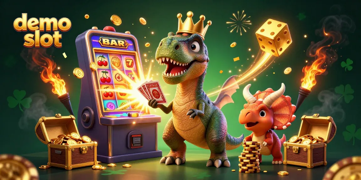 Demo slot yang menarik dengan karakter T-Rex dan teman-temannya di kasino, penuh dengan chip emas dan jackpot.