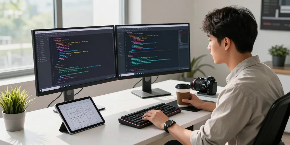 Developer working on 纸飞机中文版 code in a bright, modern workspace