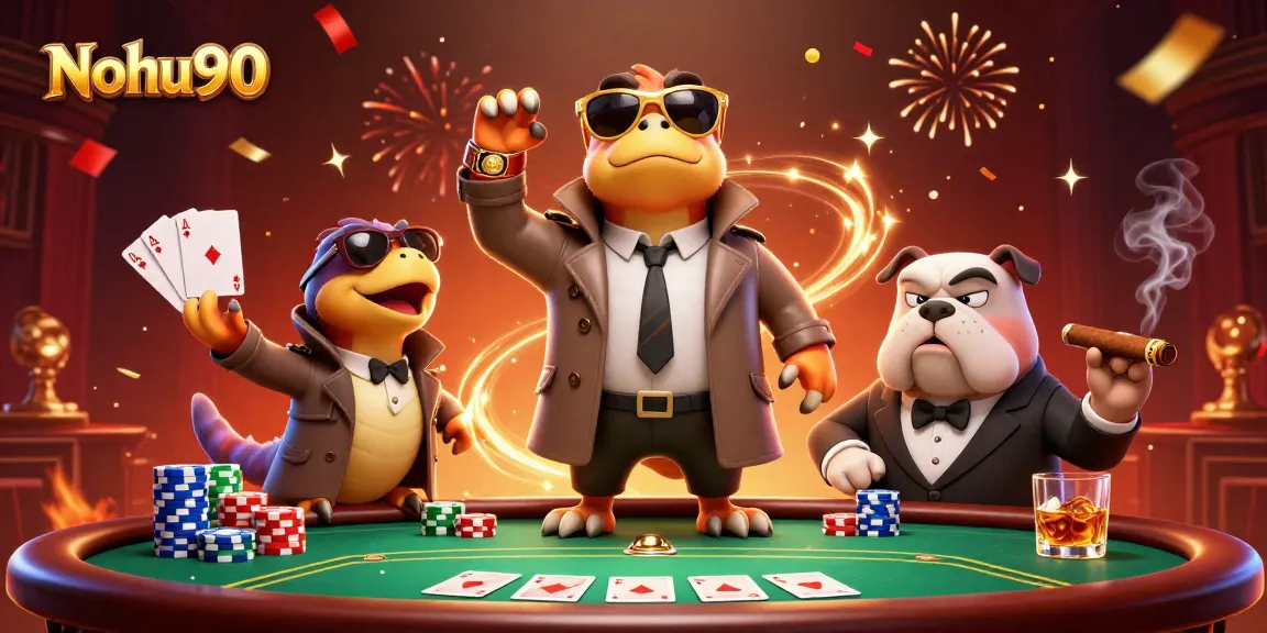 Nohu90 challenges players with raptor humor in a bustling casino scene full of poker elements.