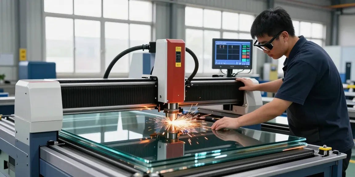 High-precision glass cutting machine in action, skilled technician operating advanced machinery in modern workshop.