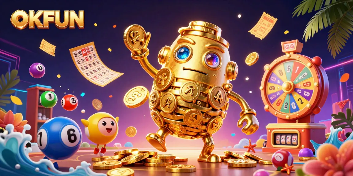 Engage in thrilling experiences at OKFUN with a golden golem, lottery elements, and vibrant gaming atmosphere.