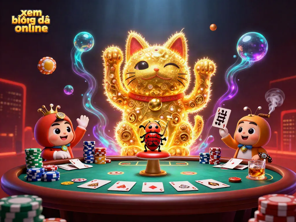 Experience xem bóng đá online with a vibrant illustration of a lucky cat and casino elements surrounded by shimmering lights.