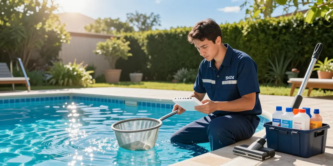 održavanje bazena services by a technician inspecting a clean pool with maintenance tools under sunny skies