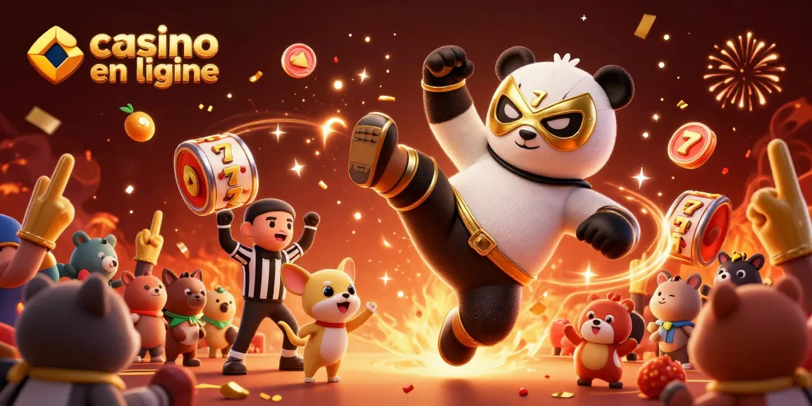 Vivez l'excitation du casino en ligne avec un panda lutteur dans une scène animée amusante.