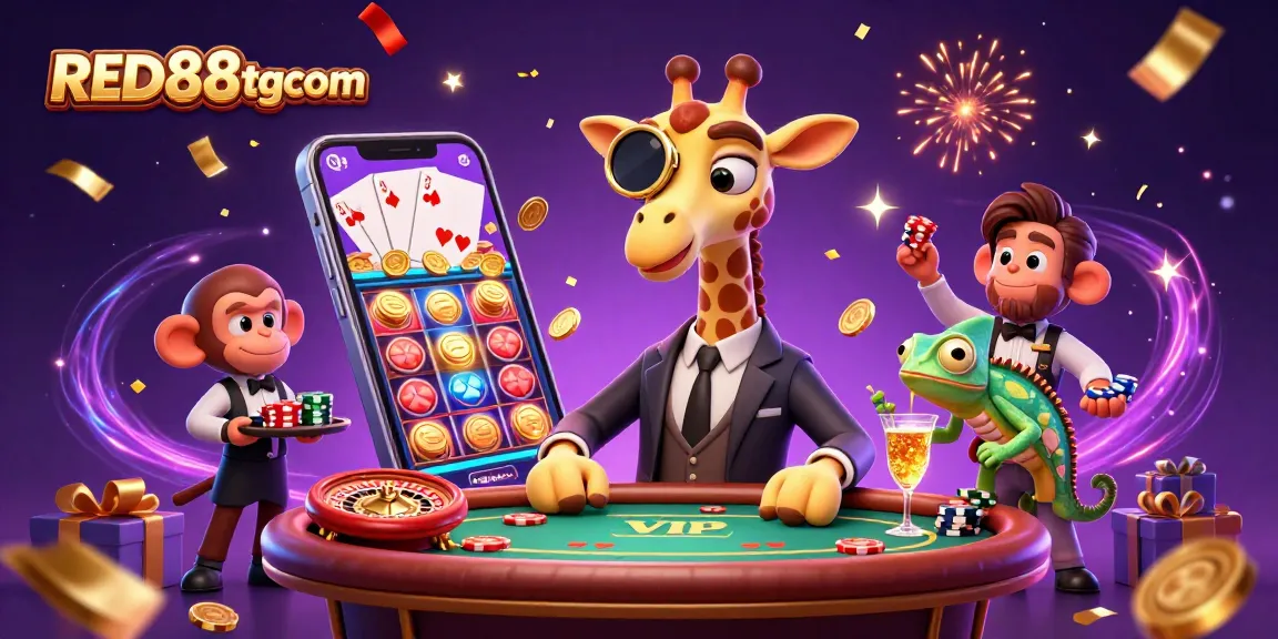Experience the vibrant energy of RED88tgcom with a giraffe high-roller at the poker table amidst golden coins and slot games.