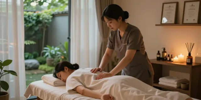 Relaxing 인천출장마사지 scene in serene home spa atmosphere with therapist and client.