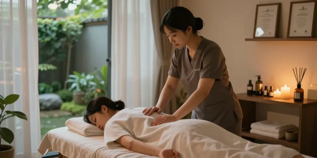 Relaxing 인천출장마사지 scene in serene home spa atmosphere with therapist and client.