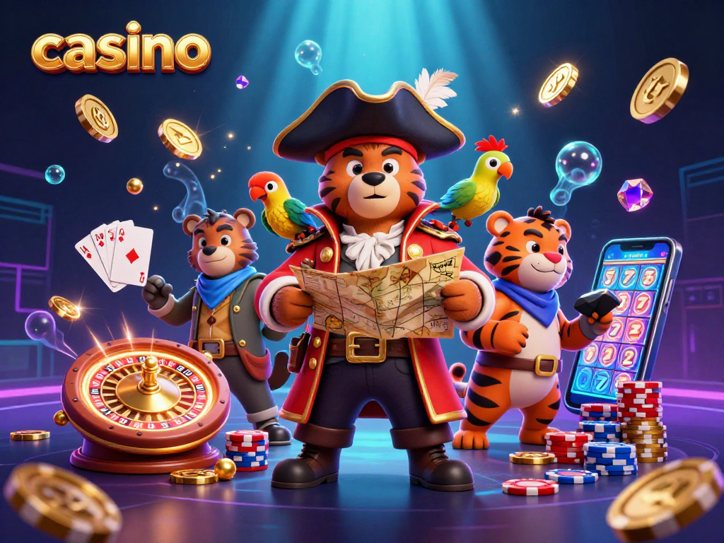 Casino-themed illustration featuring a pirate captain bear and tiger with treasures and games