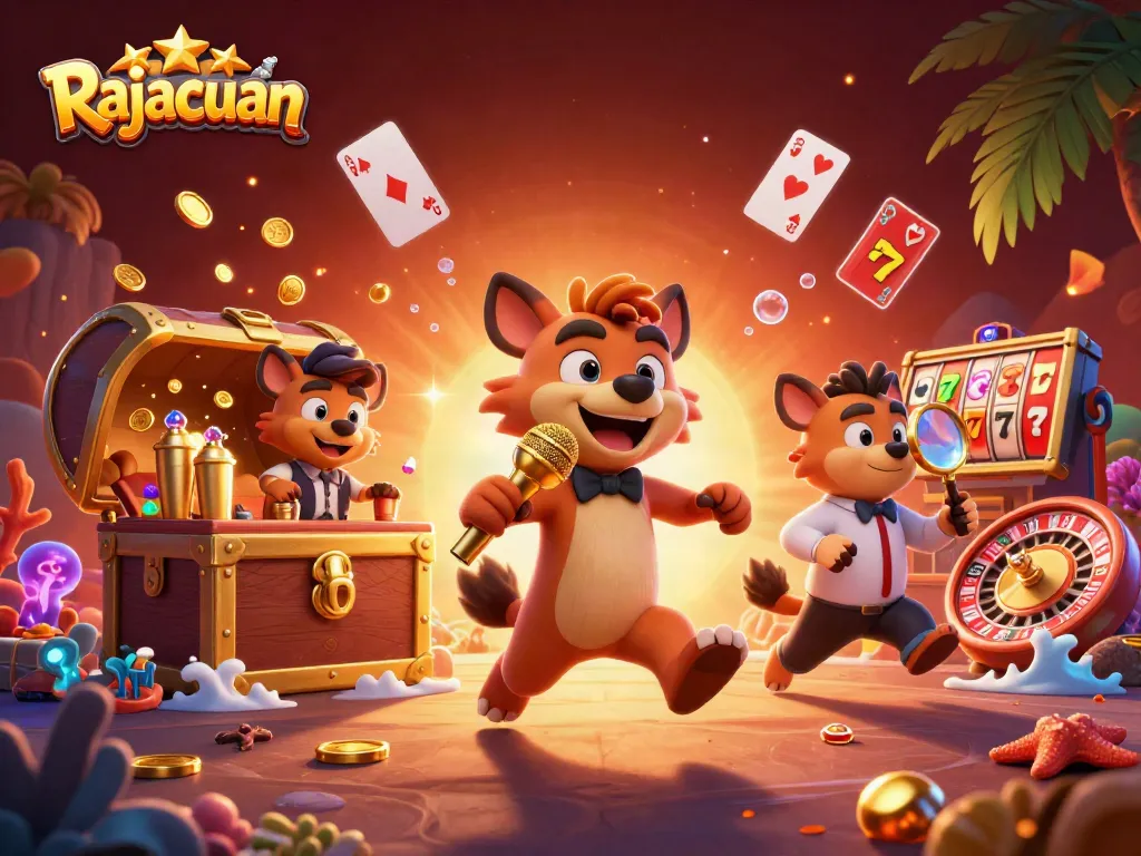 Experience thrilling wins with Rajacuan at the vibrant casino scene filled with gold coins and slot elements.