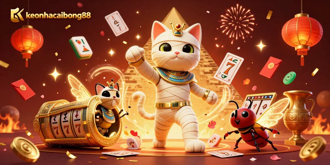 Engage with keonhacaibong88 as an Egyptian mummy cat bursts through a sarcophagus in a vibrant casino.