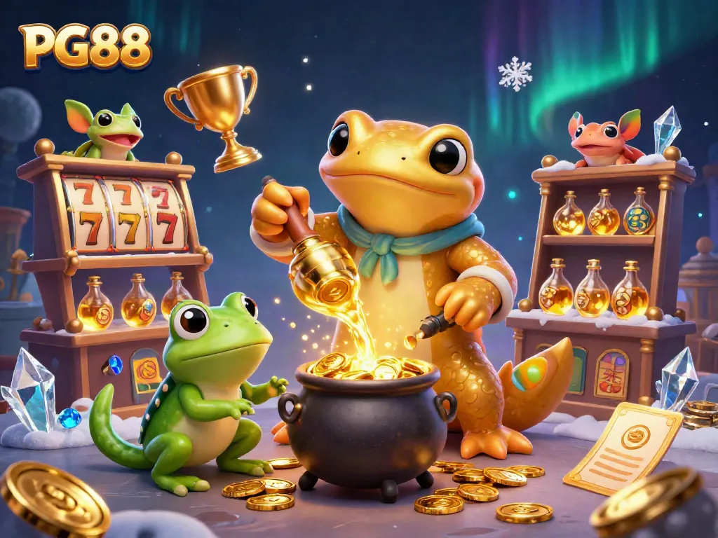 Experience PG88 gaming thrill with our dynamic illustration featuring casino elements, gold alchemy, and enchanting characters.