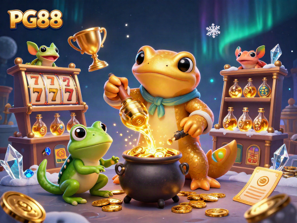 Experience PG88 gaming thrill with our dynamic illustration featuring casino elements, gold alchemy, and enchanting characters.