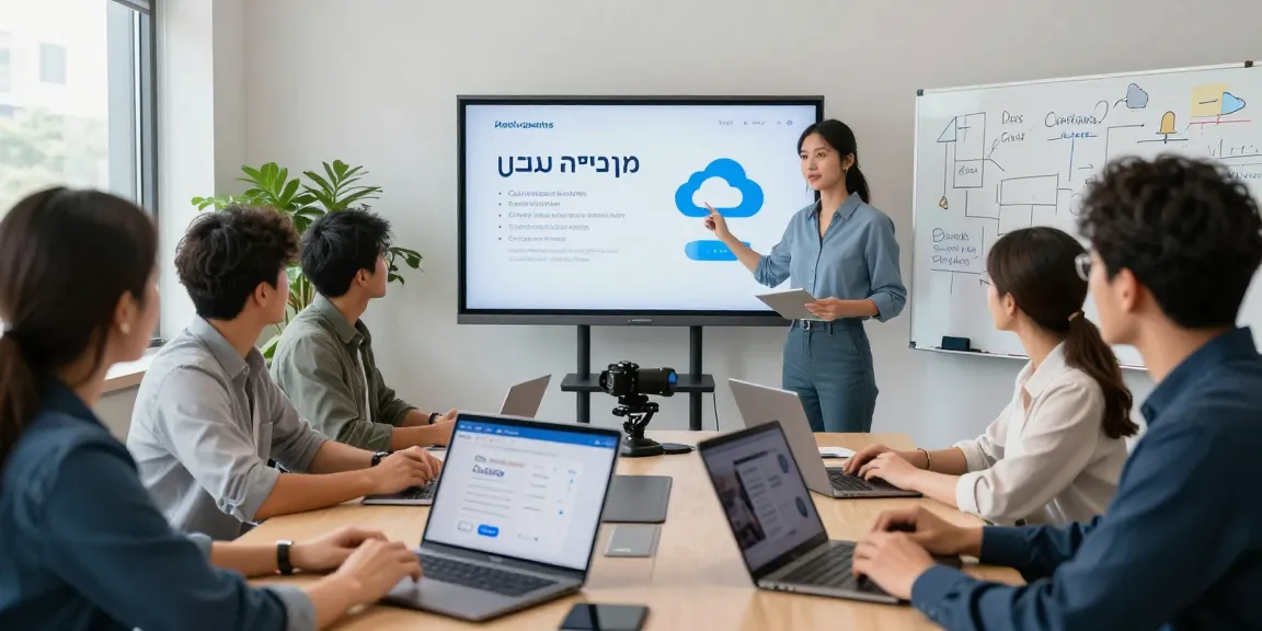 Team collaboration on cloud telephony solutions emphasizing מרכזיה בענן advantages in a modern office.