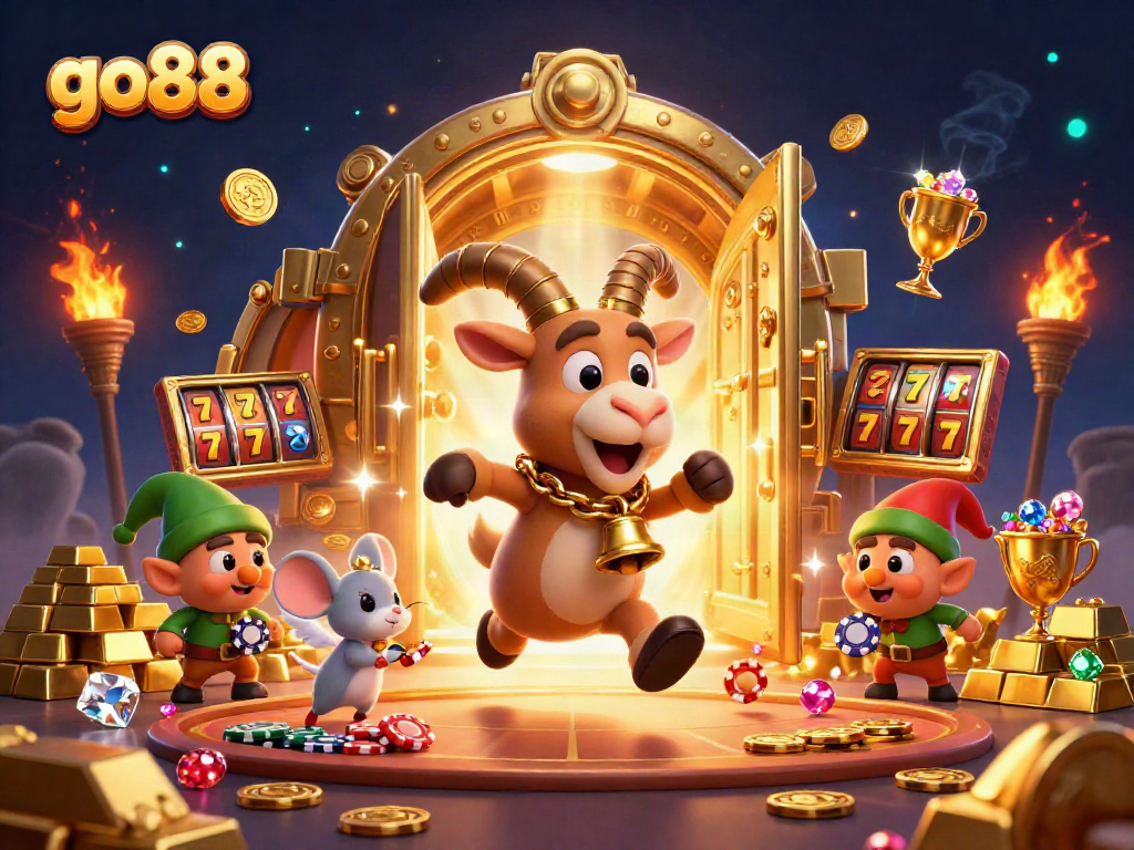 Experience go88's thrilling slot adventure with cartoon characters in a dynamic casino scene.