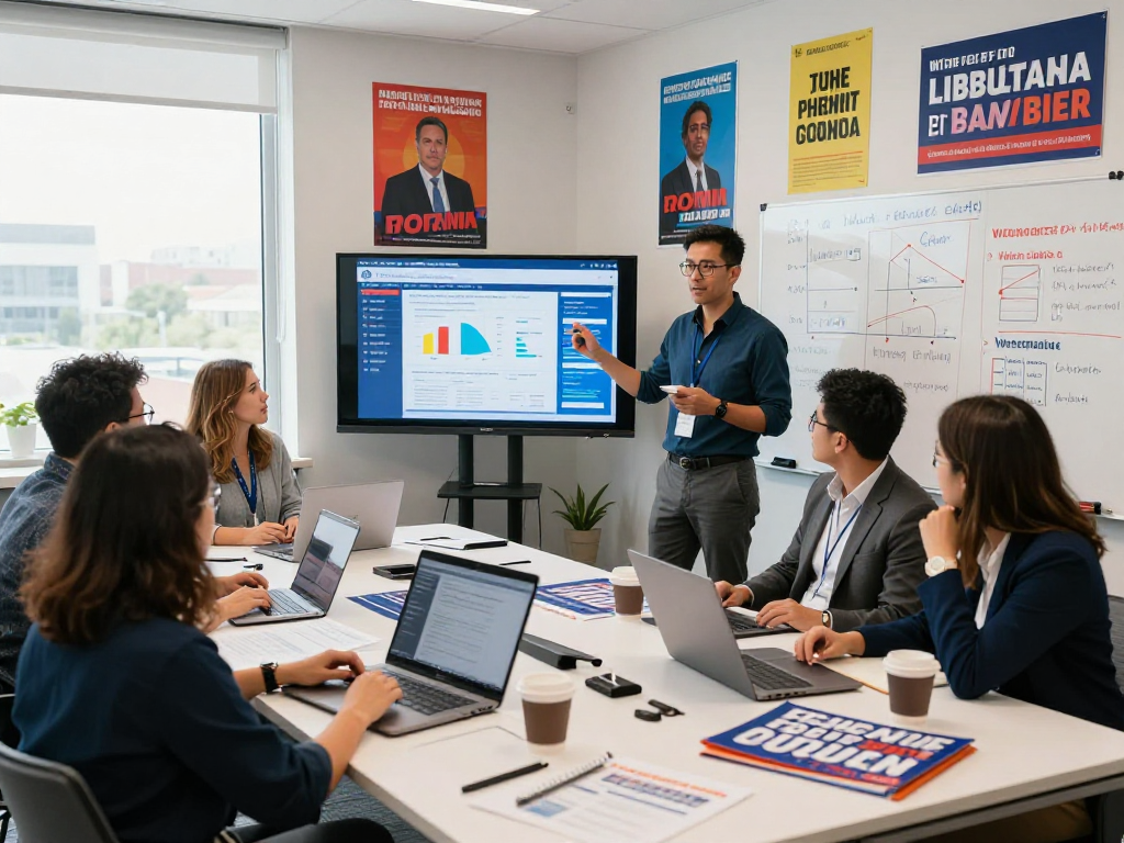 Team strategizing IP targeting political ads in a dynamic campaign office.