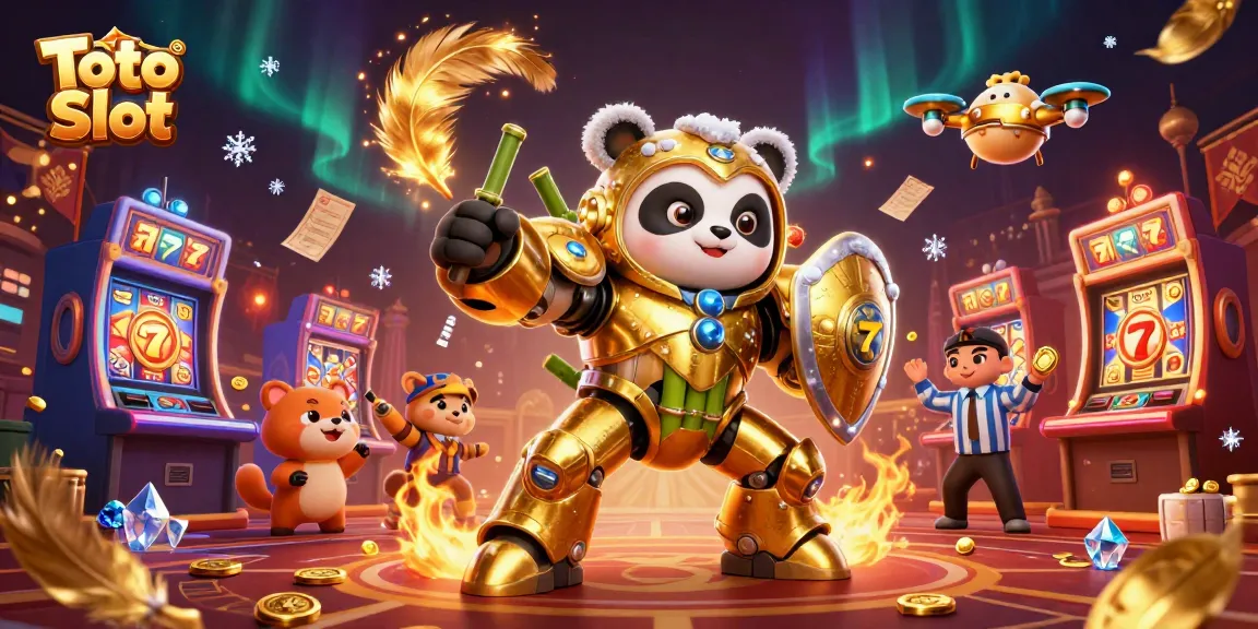 Menangkan putaran di Toto Slot dengan panda emas bertarung dalam robot di kasino animasi.