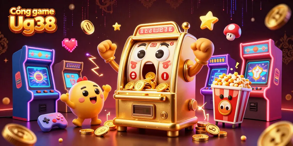 Cổng game Ug38 showcases an animated golden slot machine celebrating a jackpot, surrounded by dynamic gaming elements.