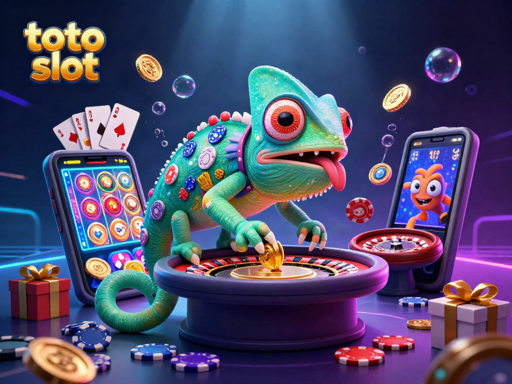 Engage with Toto Slot: A dynamic 3D scene featuring an enchanting chameleon casino owner and vibrant gaming elements.