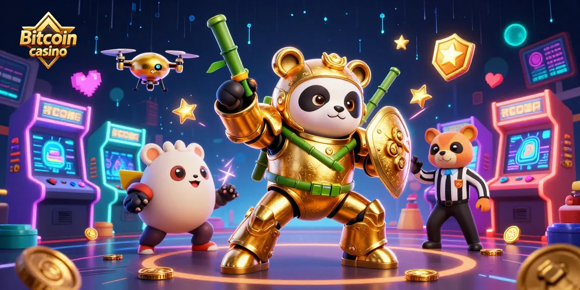 Jouez dans un casino Bitcoin avec un panda doré pilotant un robot en bambou, entouré de machines de jeux 3D.