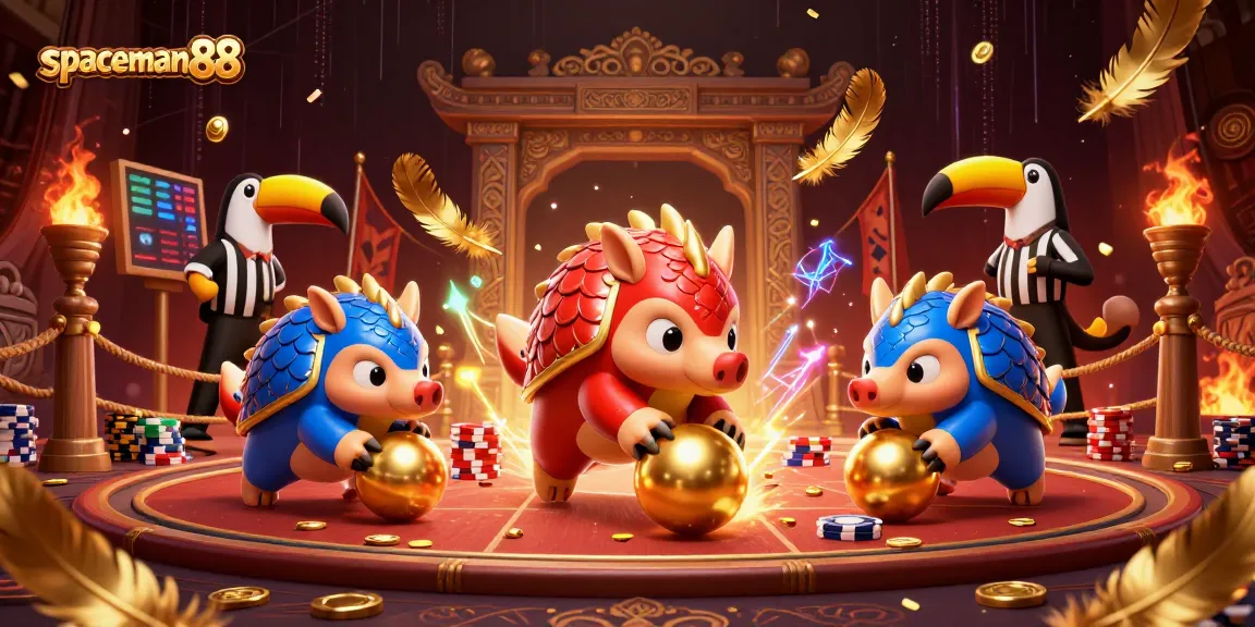 Experience the excitement of spaceman88 with animated pangolins competing in a vibrant casino scene.