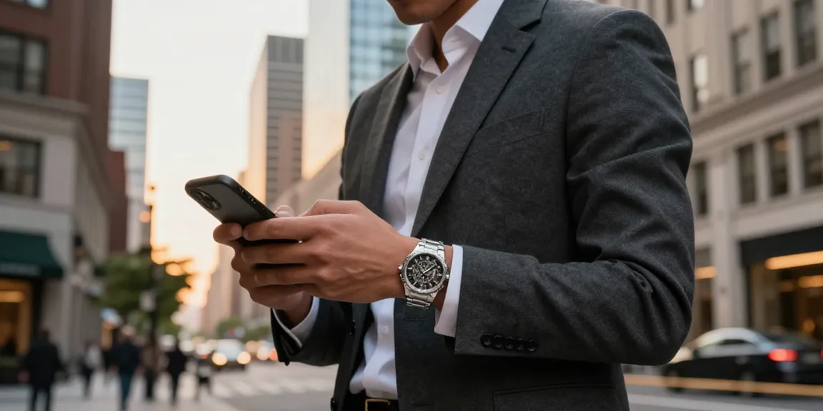 Stylish individual checking time on a clone watch in an urban setting, exuding luxury and sophistication.
