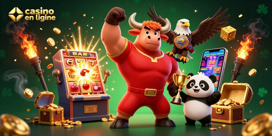 Gagnez avec des machines à sous au casino en ligne, une scène dynamique avec des personnages illustrés.