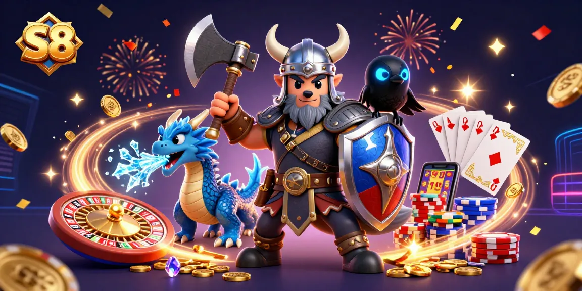 S8 casino adventure with a Viking wolf warrior, fierce dragon, and glowing raven amidst dynamic gambling elements.