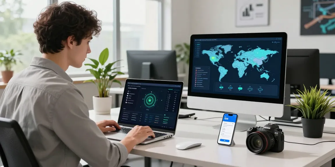 快连 high-speed internet solution showcased in a modern workspace with devices and dynamic atmosphere
