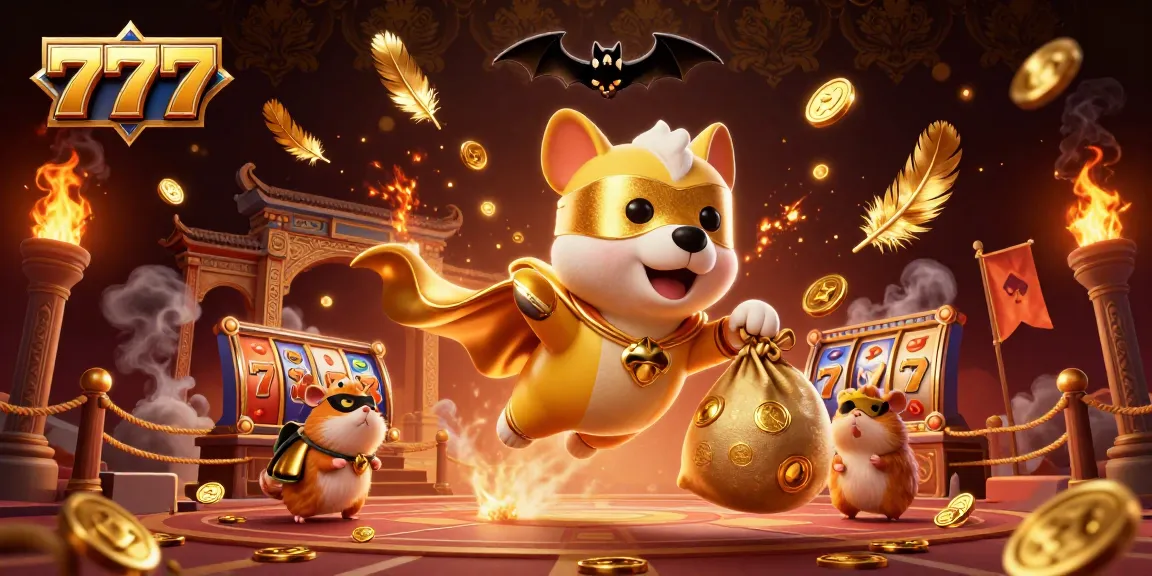 Experience thrilling action with 777 slot characters, featuring heroic dog and hamster in a vibrant casino scene.
