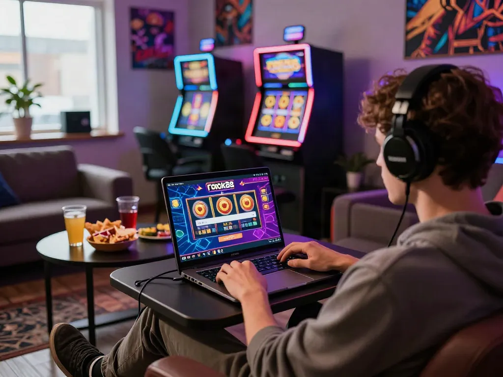 Person using rokok88 slot login interface on laptop in a vibrant gaming environment.