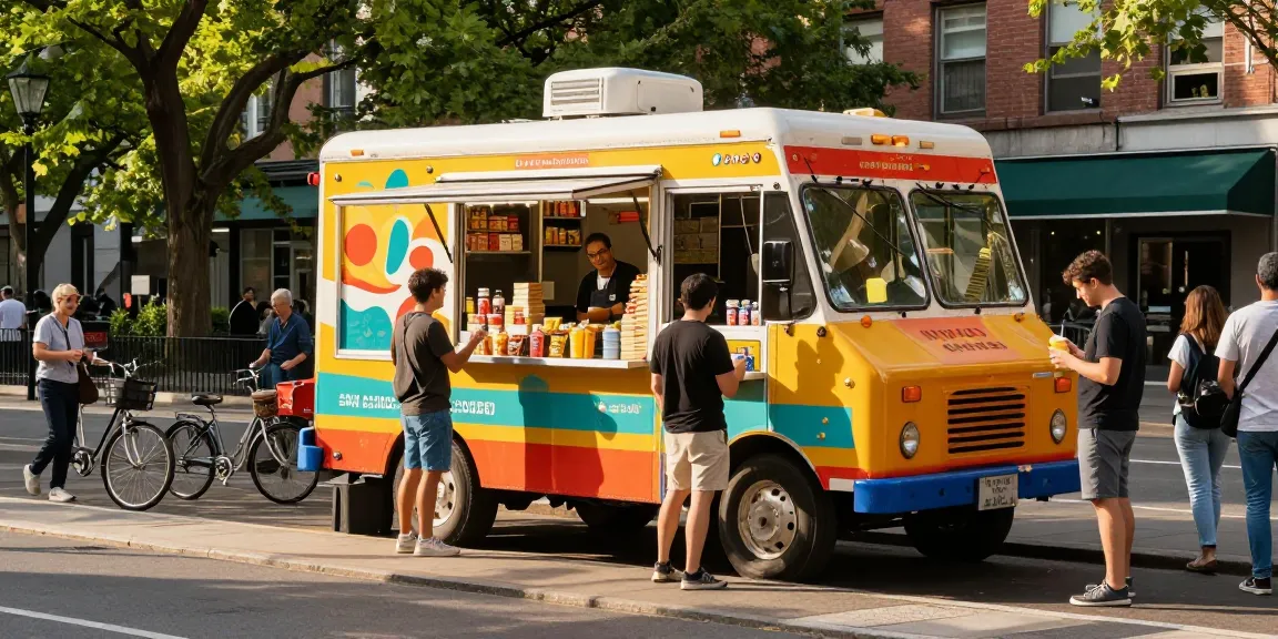 Mobile convenience store attracting customers with snacks and drinks in a vibrant urban setting.