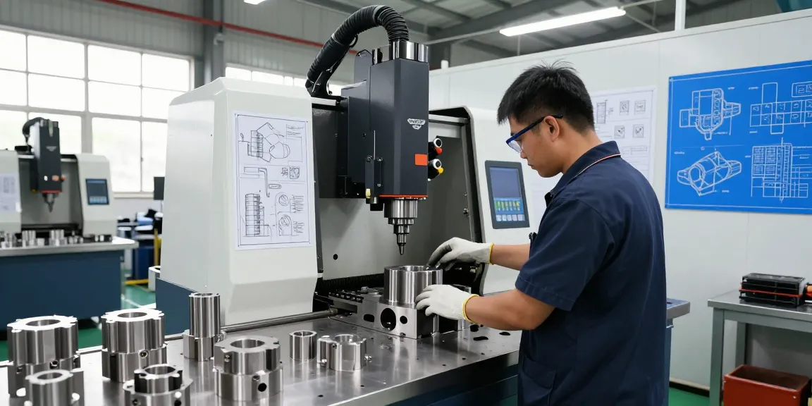 Custom machining service technician operating CNC machine in modern facility with precision parts displayed.