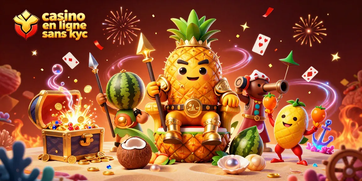 Le casino en ligne sans KYC offre un roi ananas et des personnages animés dans une scène remplie de trésors.