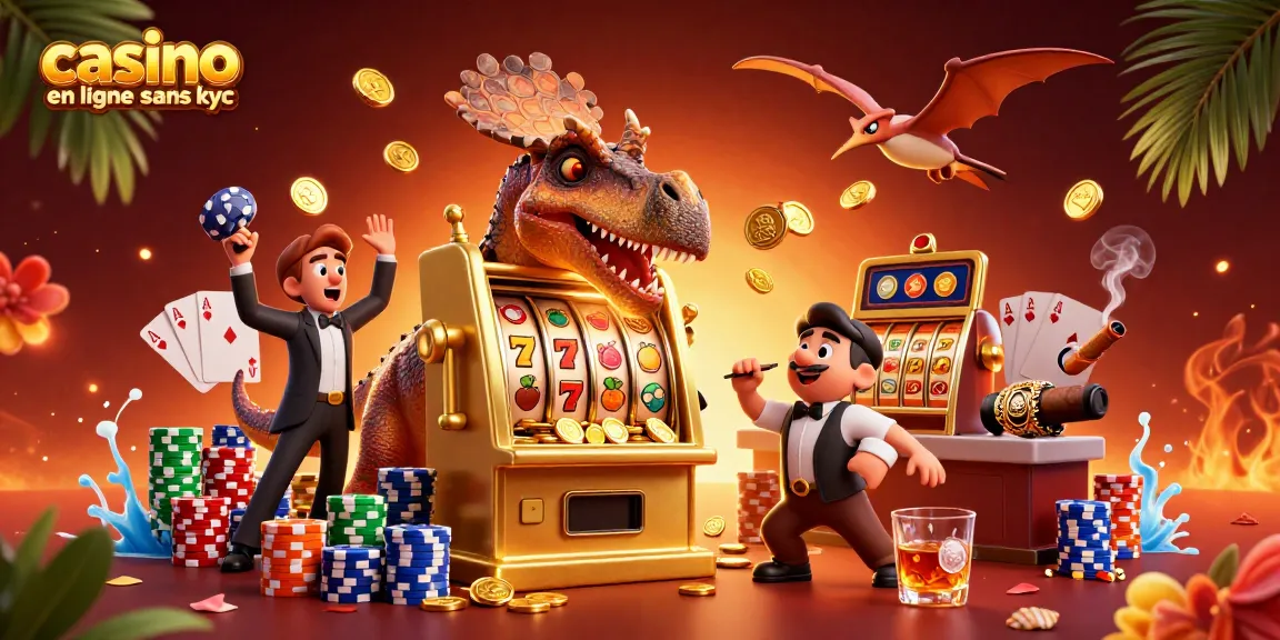 Le casino en ligne sans KYC offre une scène dynamique avec des personnages préhistoriques jouant aux machines à sous.