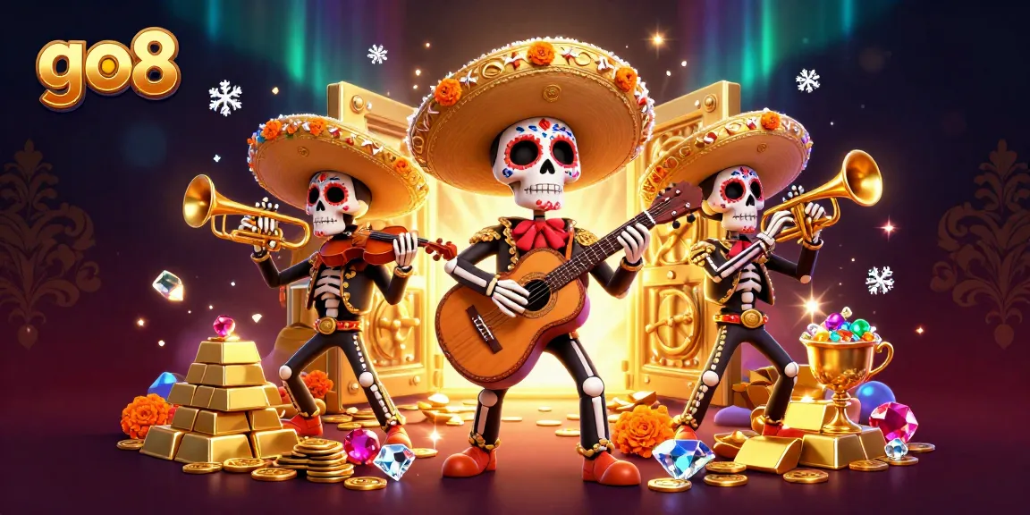 Spin the reels at go8 to win treasure with vibrant mariachi skeletons in a colorful casino