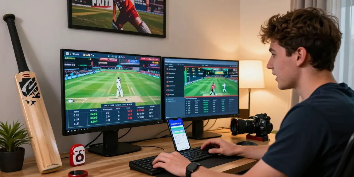 Enthusiastic user engaging with Fairplay24 app for online cricket betting at home.