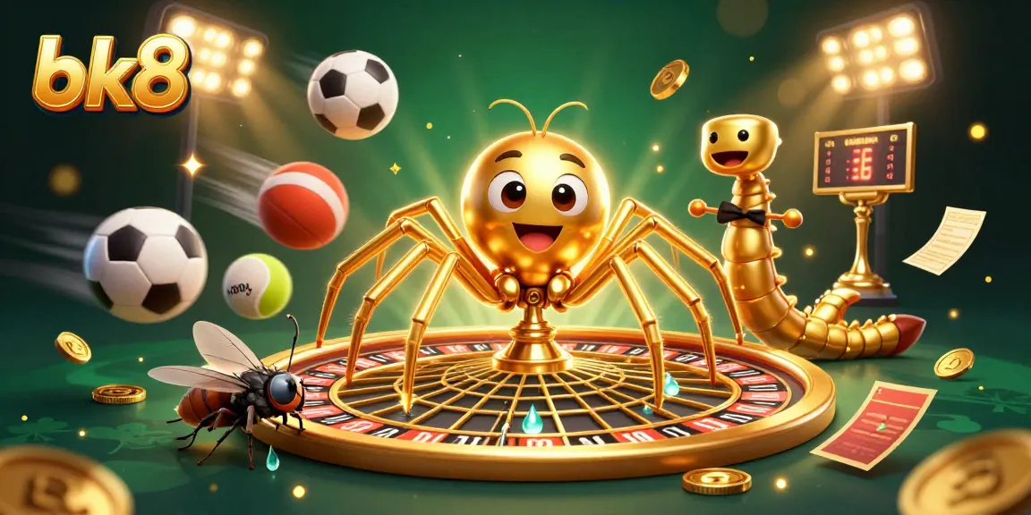 Bet on the engaging bk8 platform with a dynamic 3D casino scene featuring a golden spider and a centipede croupier.