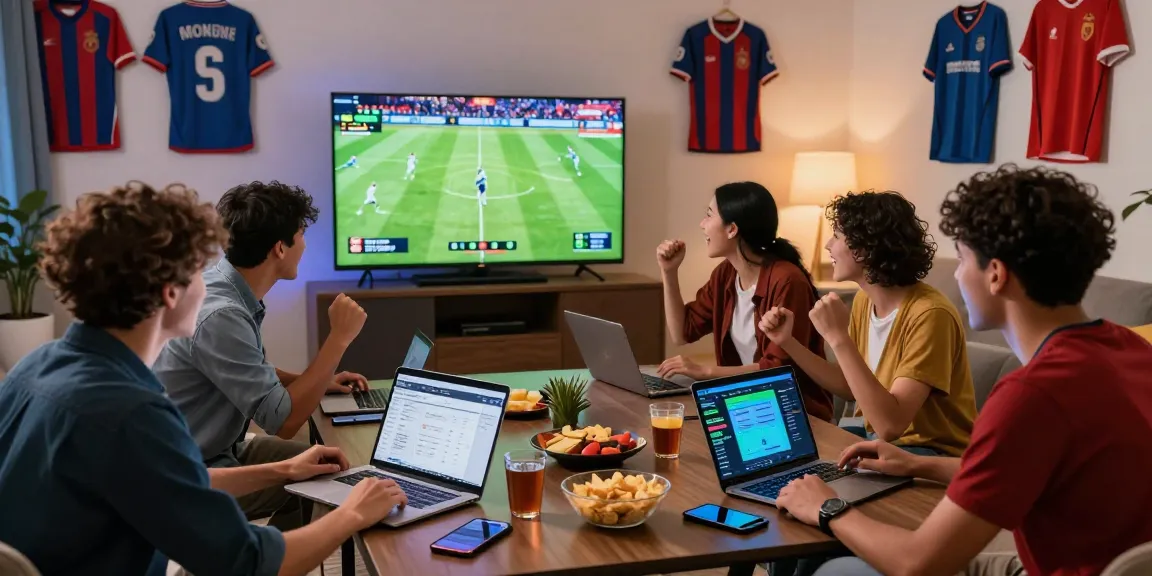 Exciting sports betting gathering for Prediksi Bola Malam Ini with friends intensely watching a live football match.