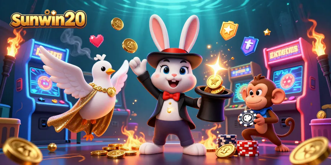 Engage with sunwin20's thrilling atmosphere, featuring a magician rabbit, a dove, and a monkey in vibrant casino action.