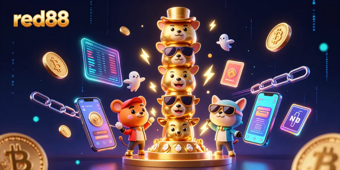 Engage with red88 and win big with vibrant 3D casino graphics showcasing crypto elements.