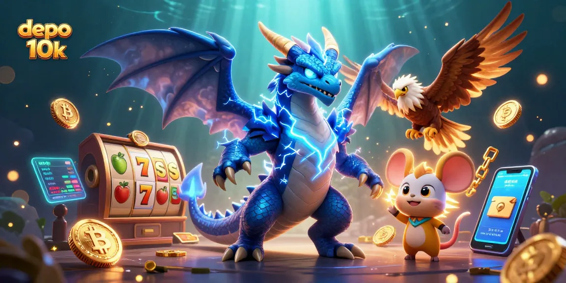 Play exciting slot games with depo 10k while enjoying vibrant 3D characters in a thrilling casino scene