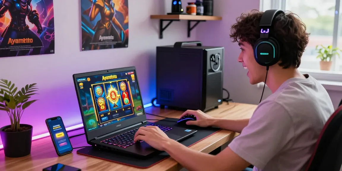 Pengguna Ayamtoto bermain slot online dengan semangat di ruang modern yang dipenuhi aksesori gaming.
