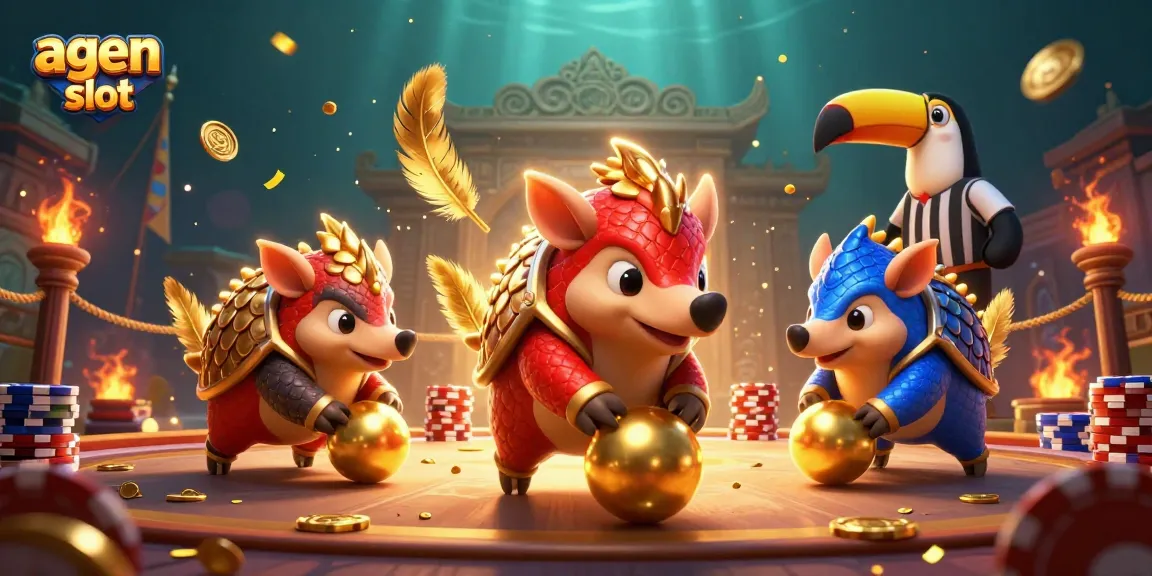 Experience thrilling agen slot action as pangolins compete among golden chips and vibrant game elements.