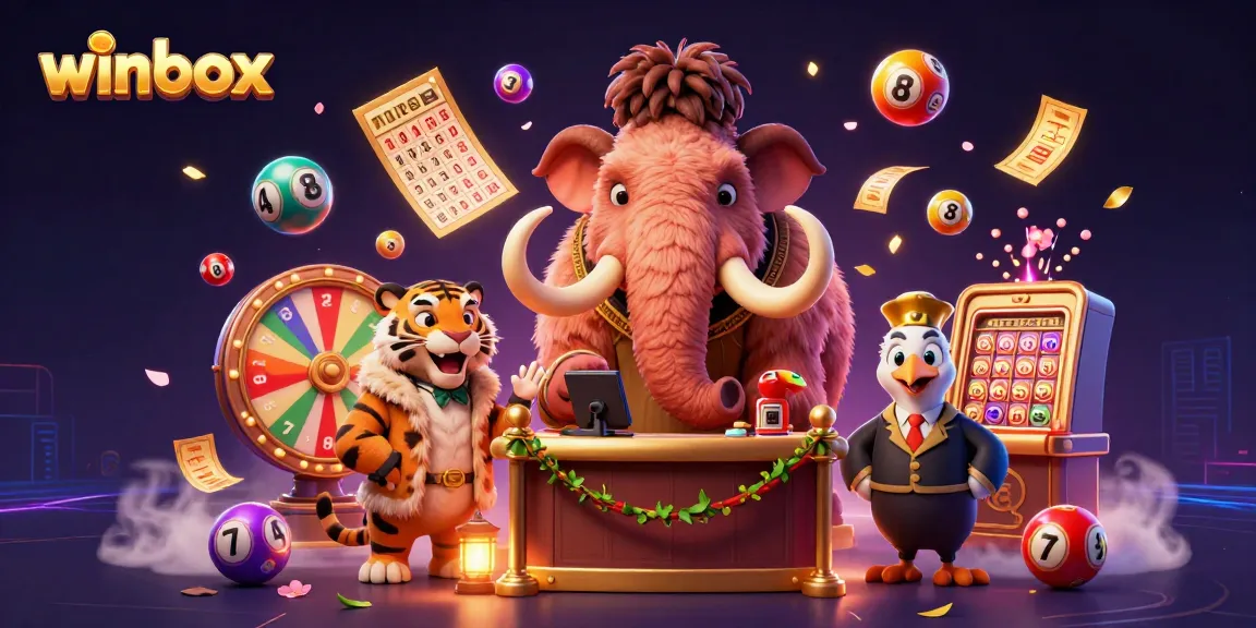Experience the thrill of winbox with a vibrant casino scene featuring a woolly mammoth bouncer and colorful lottery elements.