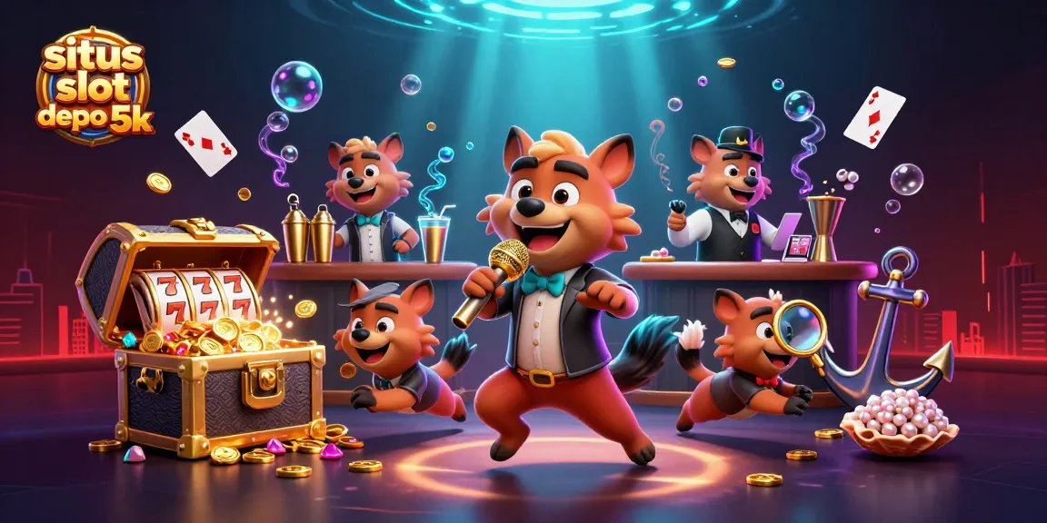 Experience the excitement of situs slot depo 5k with lively hyenas in a comedy casino scene, surrounded by spinning slot reels and treasure.