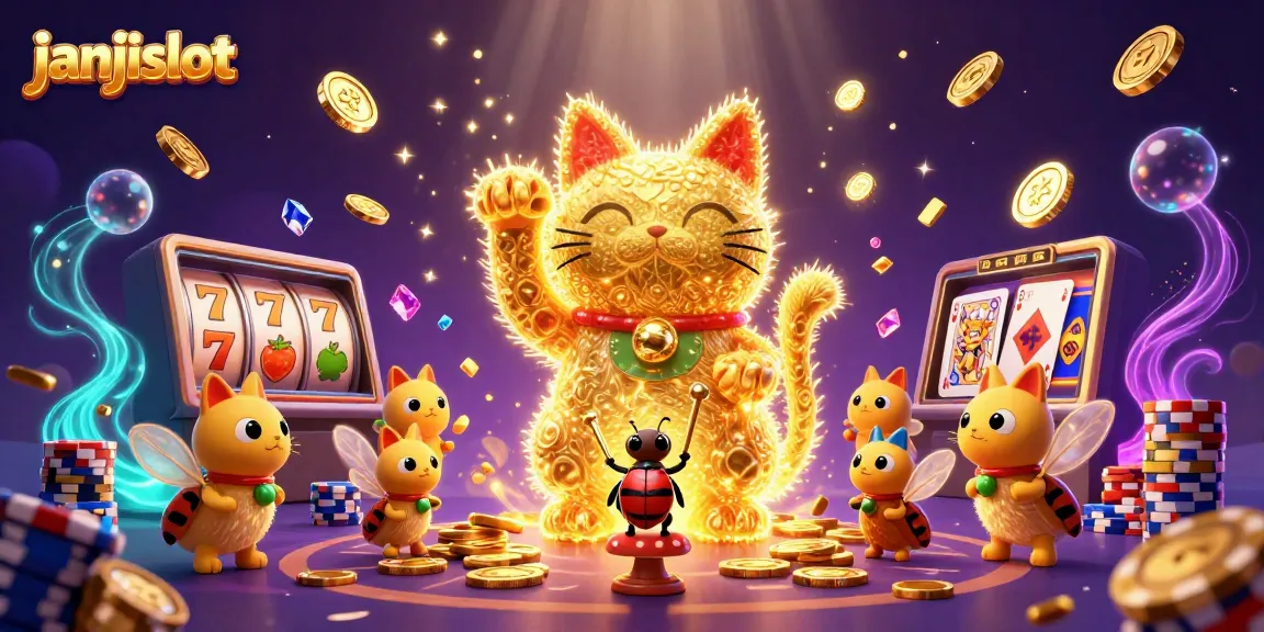Experience janjislot's magical gaming with a dynamic lucky cat and vibrant casino elements.