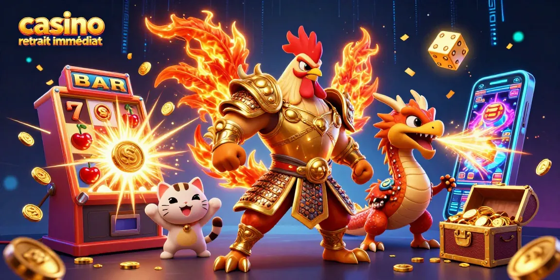 Récupérez vos gains avec casino retrait immédiat sur une scène de jeu dynamique remplie de pièces d'or et de symboles.
