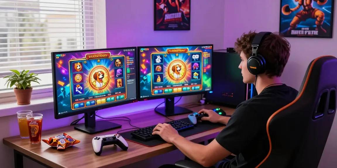 Gamer immersed in The Dog House PG Slot game on dual monitors, highlighting online gaming excitement.